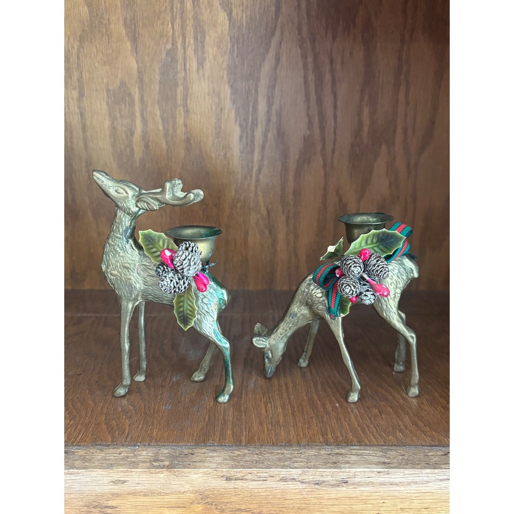 Vintage Brass Reindeer Candle Holder Set Christmas Deer Figurines Holiday Decor